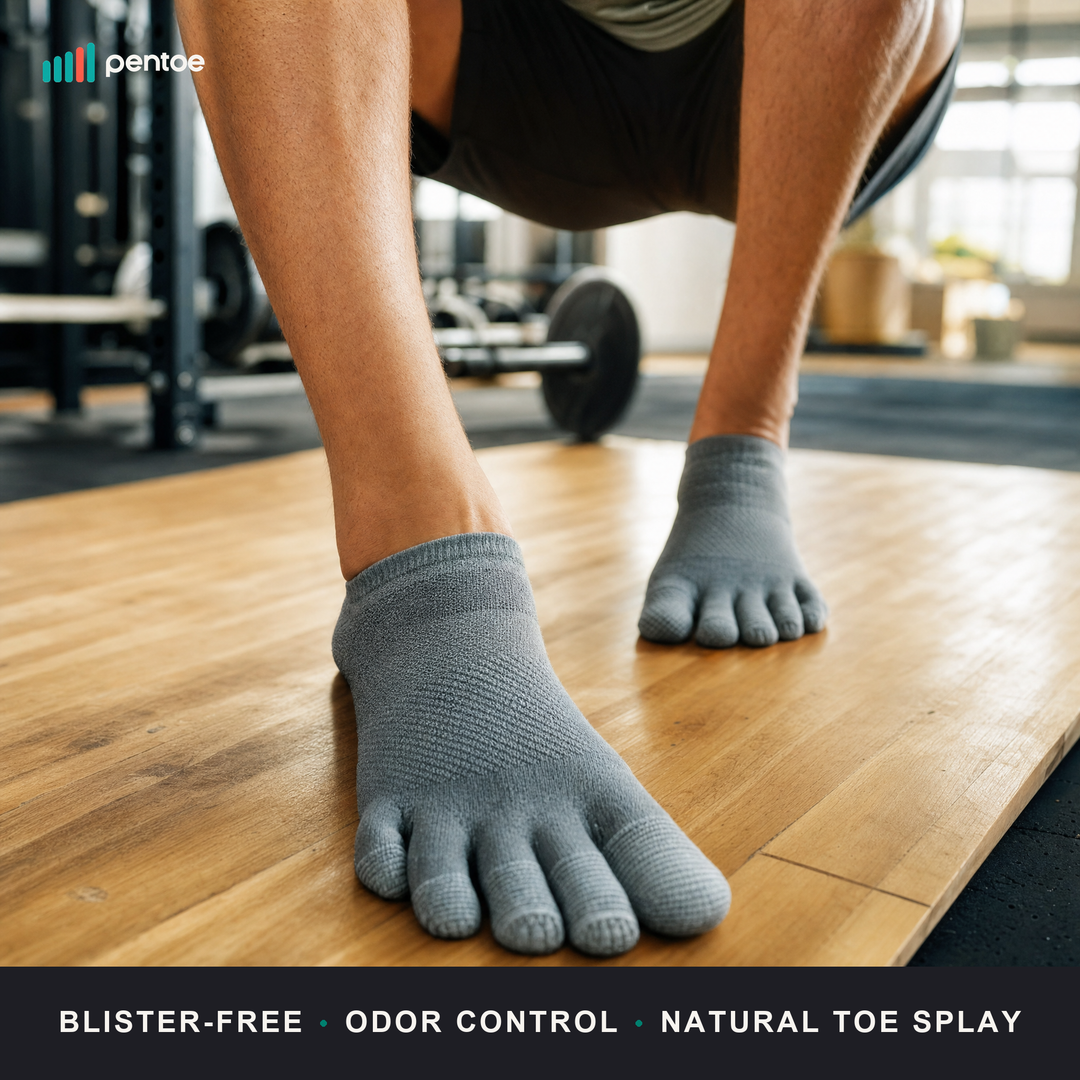 Grey Pentoe toe socks worn in the gym with toes splayed for balance