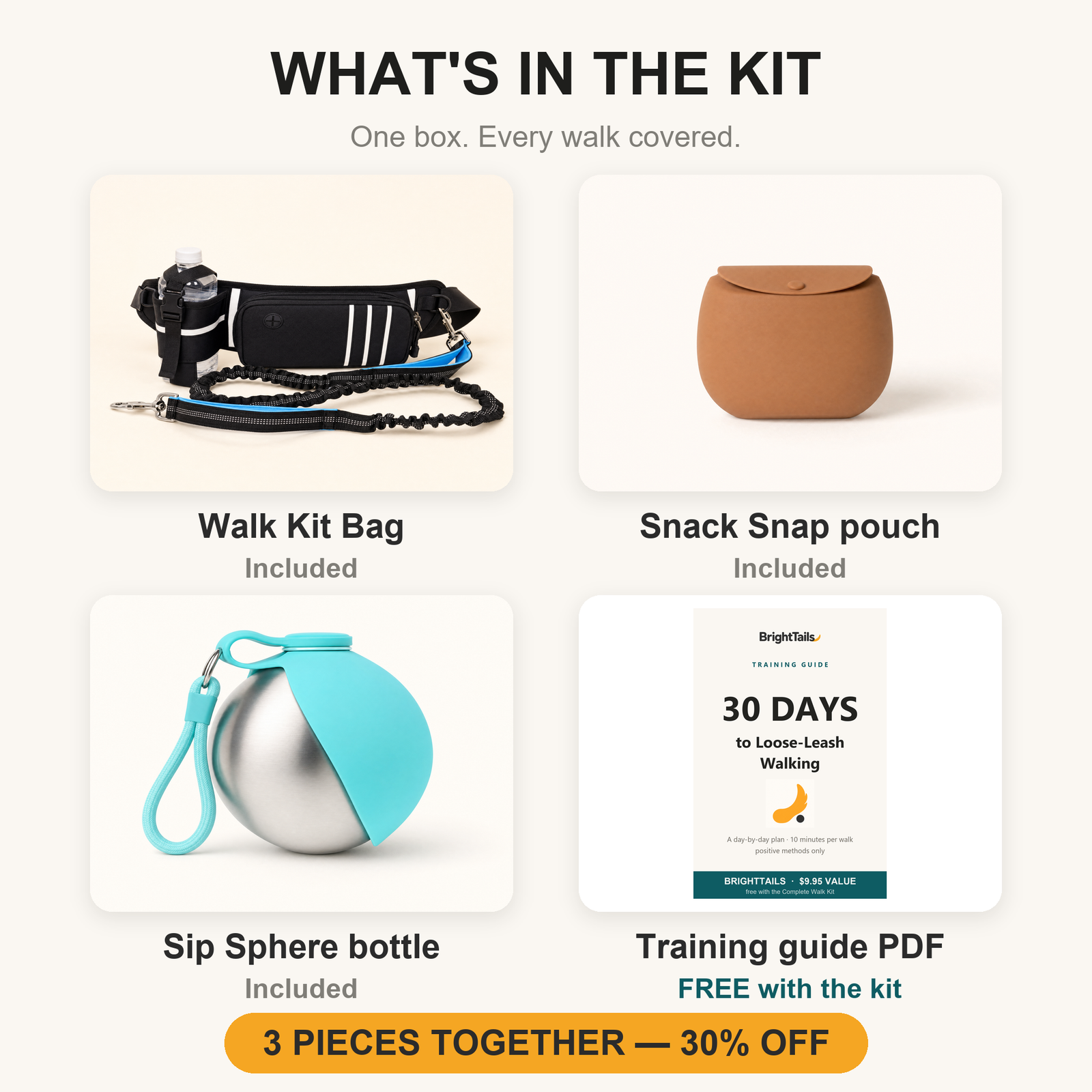 What's in the kit: Walk Kit Bag, Snack Snap pouch, Sip Sphere bottle and free training guide - 3 pieces together, 30% off