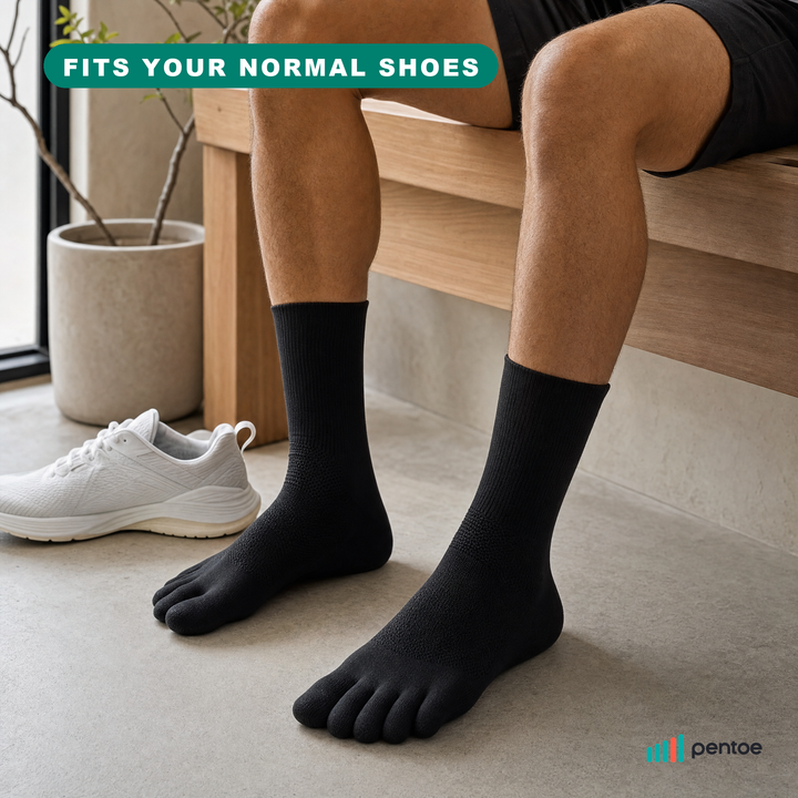 Pentoe toe socks worn, fitting inside normal running shoes