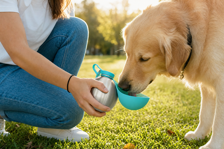 Golden retriever drinking from the Sip Sphere leaf bowl