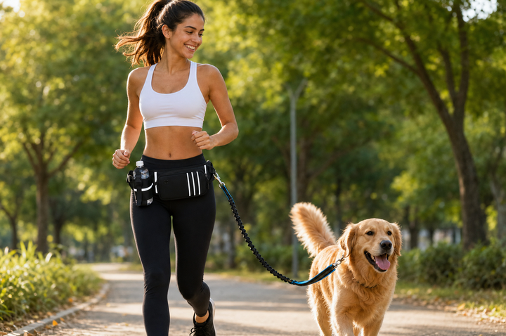 Runner wearing the Walk Kit Bag with dog on bungee leash in park