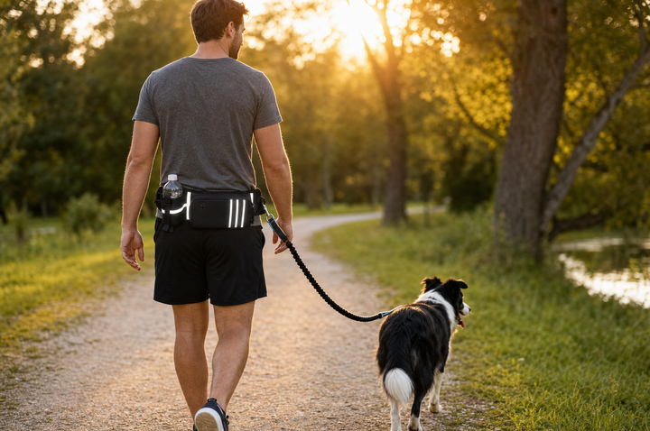 Walk Kit Bag lifestyle — golden hour walk, reflective stripes